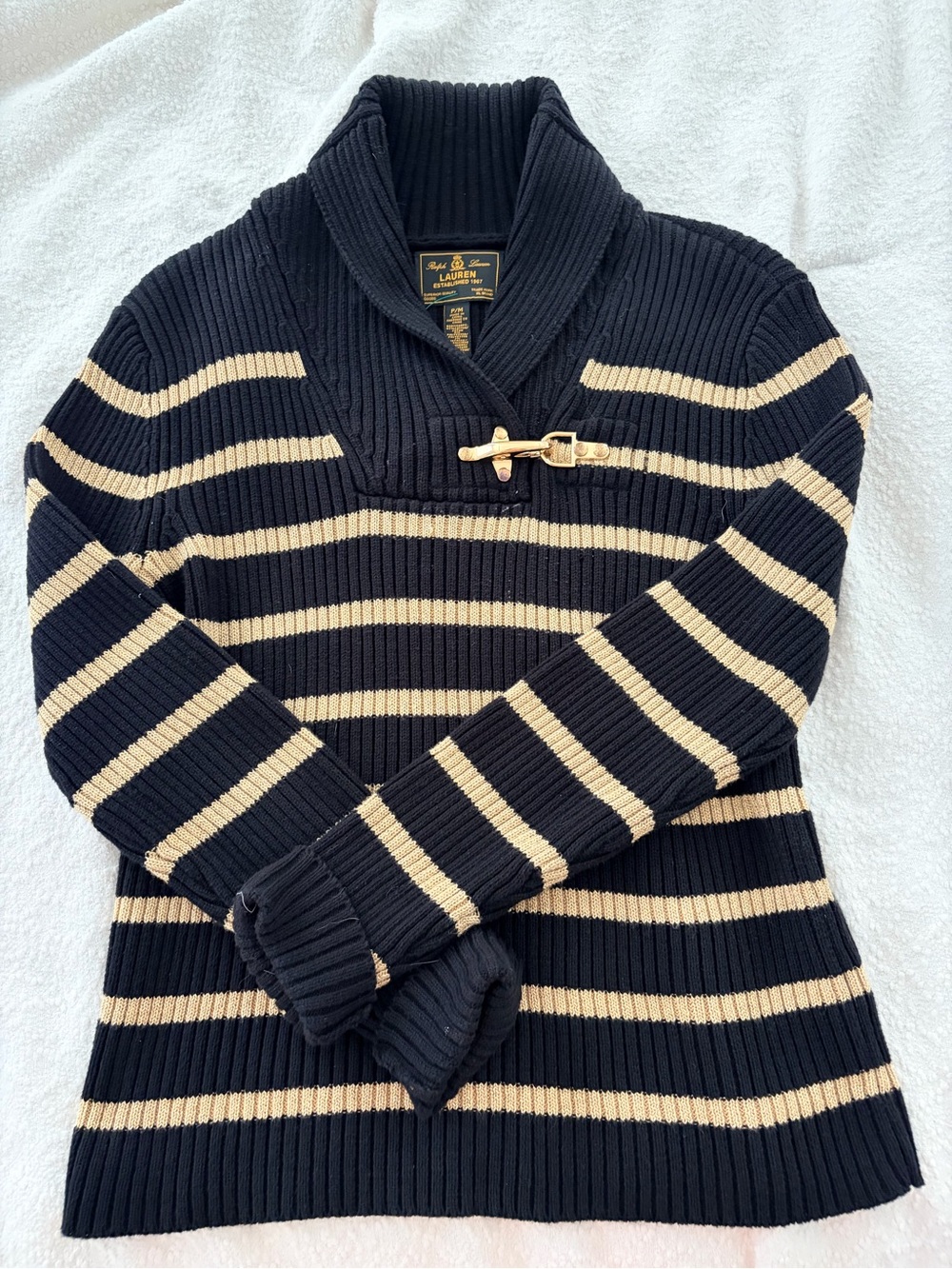 Lauren Ralph Lauren Black Metallic Gold Latch Thick Rib Sweater PM Petite Medium